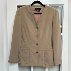 Saks Fifth Avenue The Works Tan 100% Silk Blazer Jacket Coral Lining Size 6